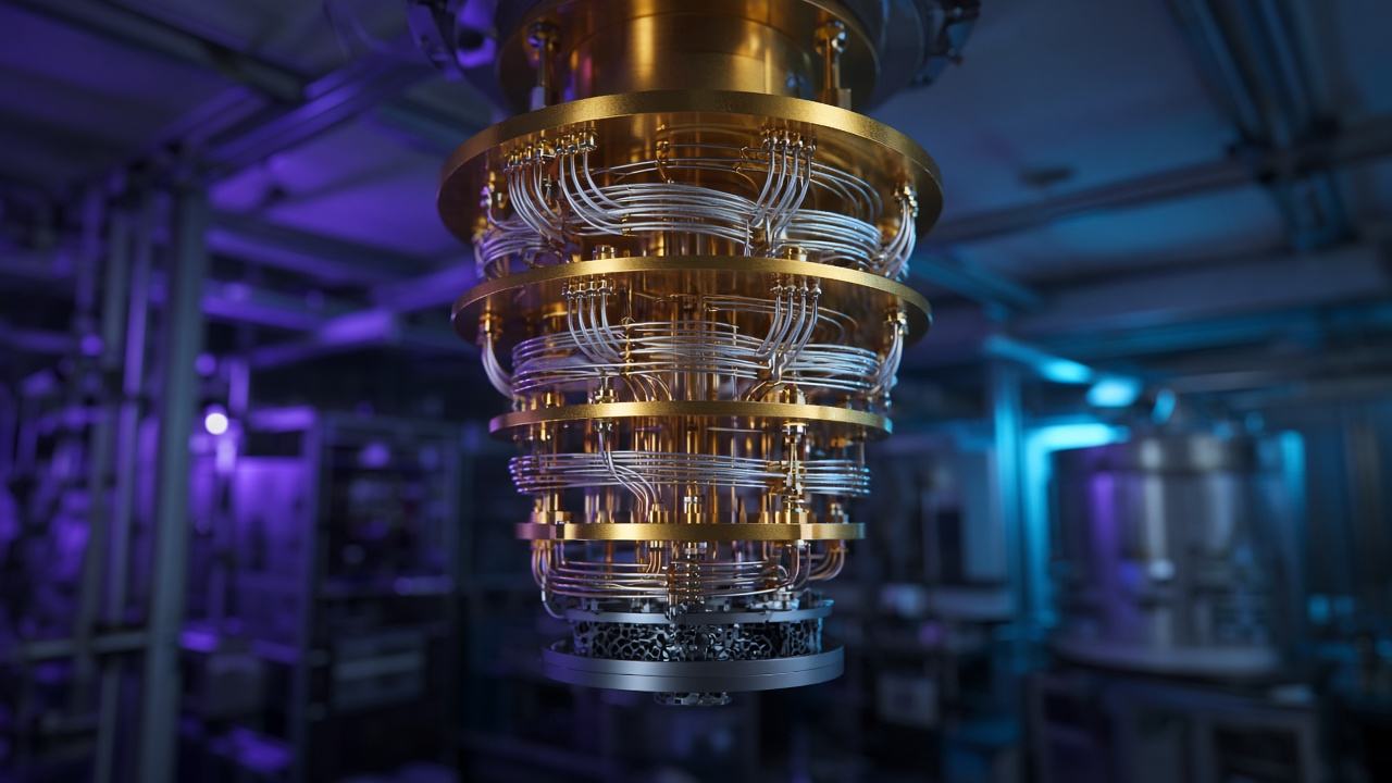 Gold-plated cryogenic quantum computer chandelier in a dim violet-lit lab (AI-generated image)