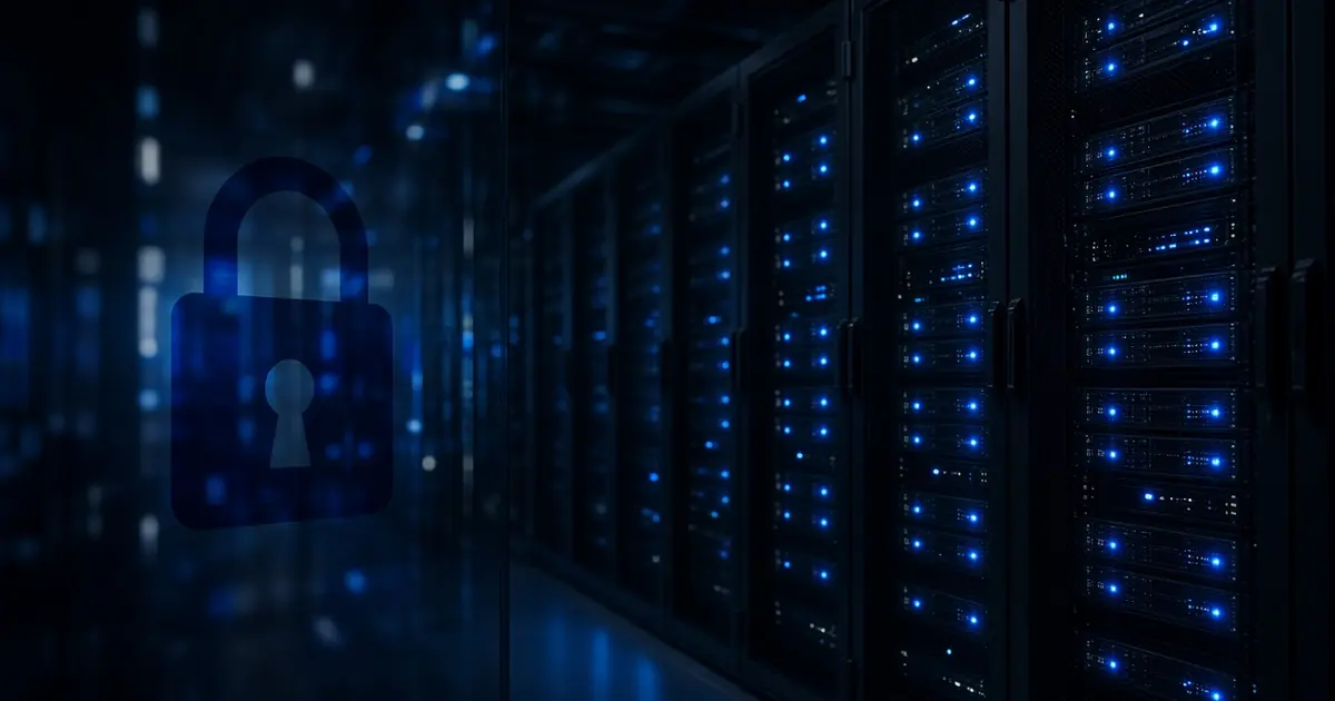 Dark data centre aisle of servers with blue lights and a translucent padlock reflected in glass