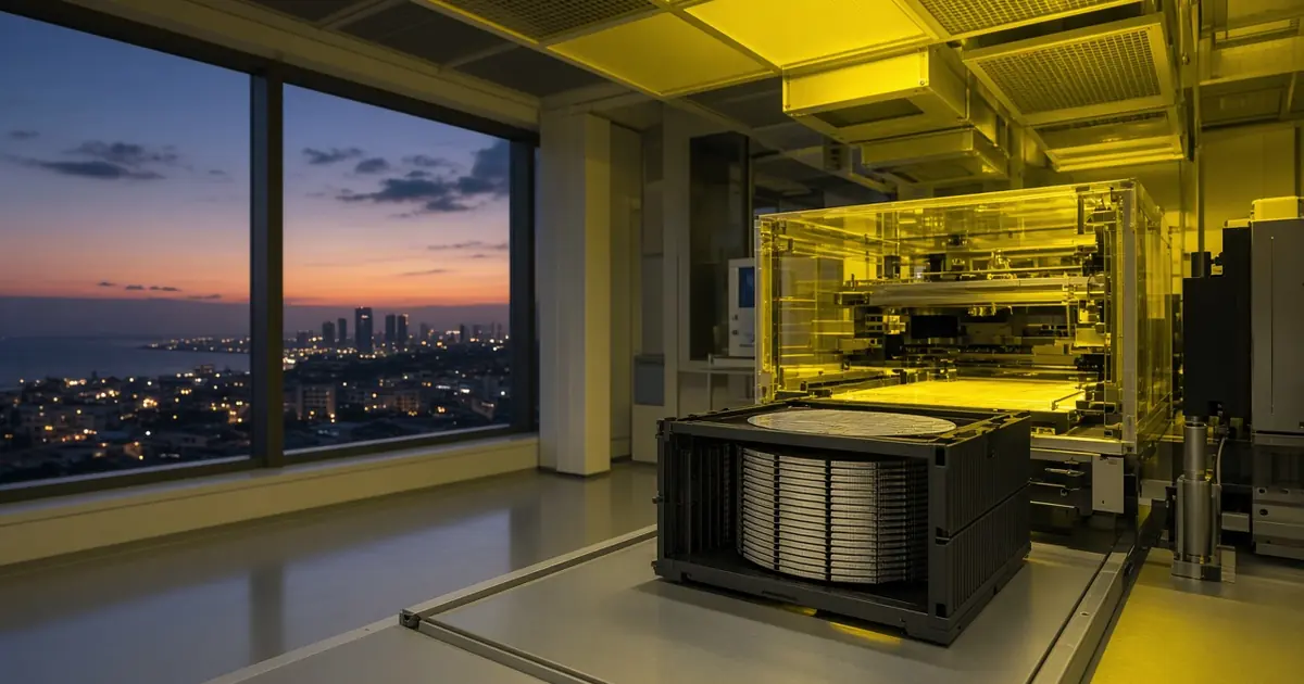 Cleanroom with a wafer carrier under yellow light and a coastal city skyline at dusk through the window